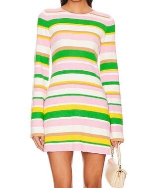 Show Me Your MuMu Away Knit Ribbed Striped Mini Dress in Pink, Green & Yellow